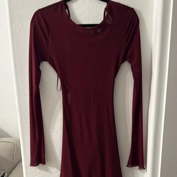 Red Ruched Long Sleeve Mini Dress - Picture 3 of 6